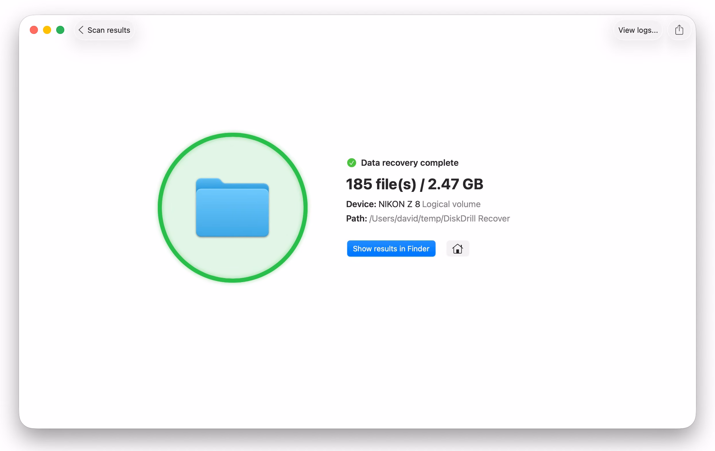 Disk Drill Pro data recovery complete: 185 files recovered from the formatted SD card