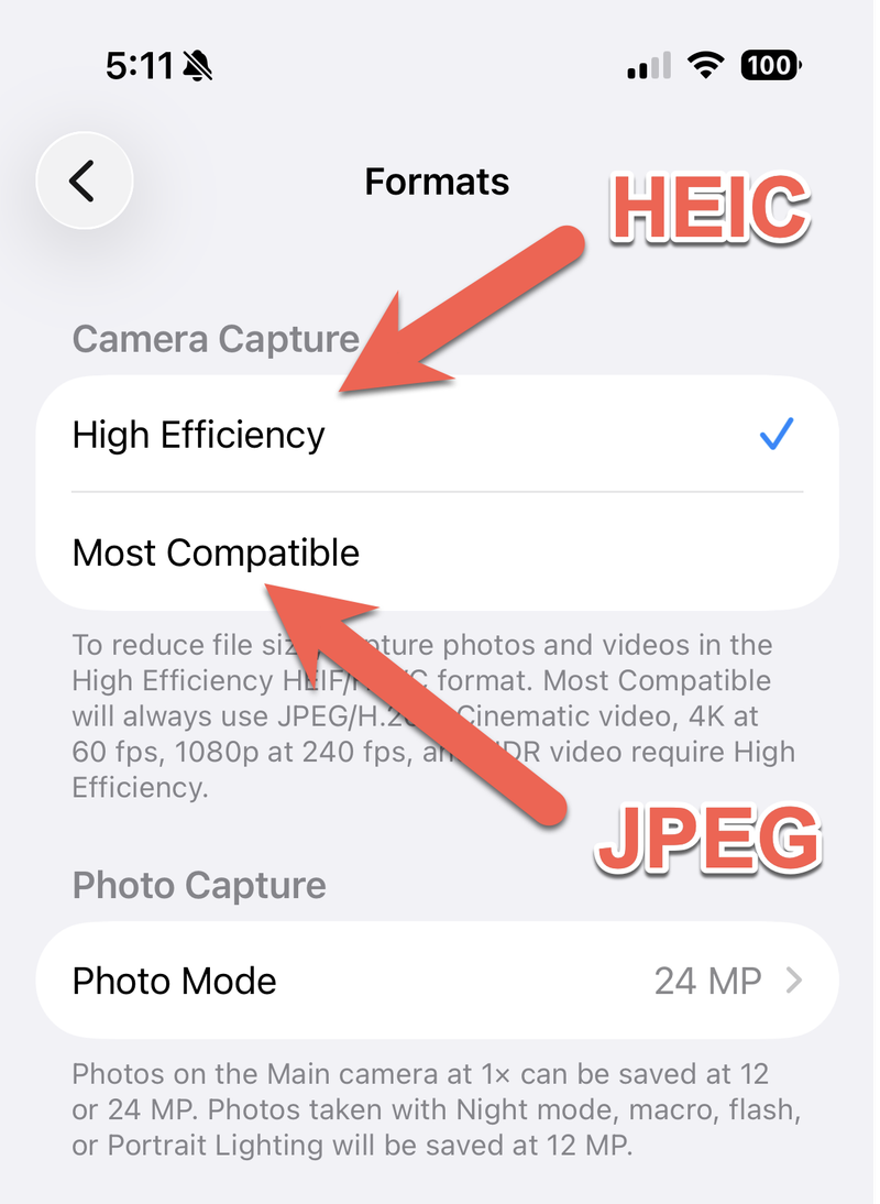 iPhone Formats screen showing High Efficiency HEIC and Most Compatible JPEG options under Camera Capture