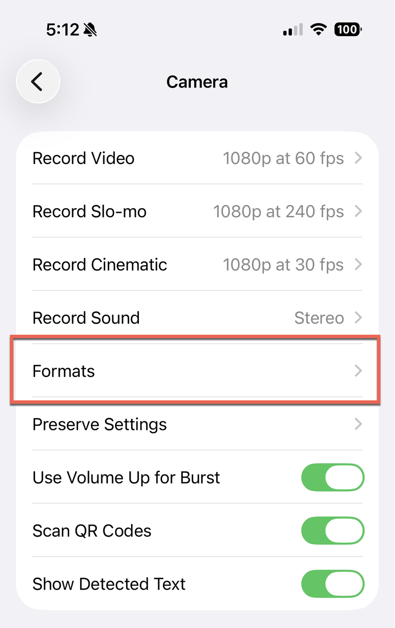 iPhone Camera settings screen with the Formats option highlighted in red above Preserve Settings