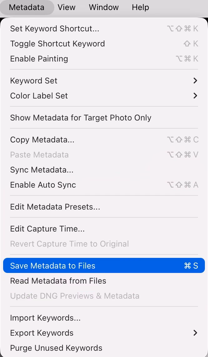 Lightroom Classic Metadata menu with Save Metadata to Files highlighted