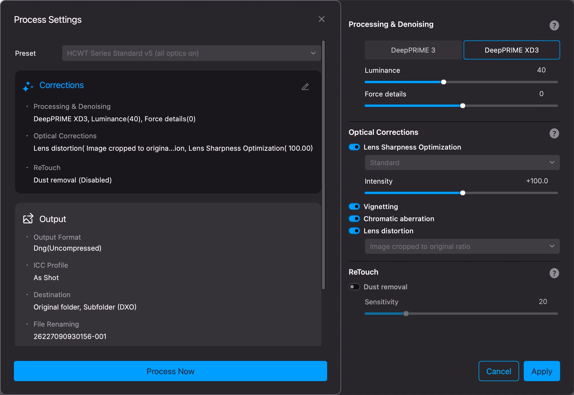 DxO PureRAW Process Settings Screenshot of Processing and Denoising panel