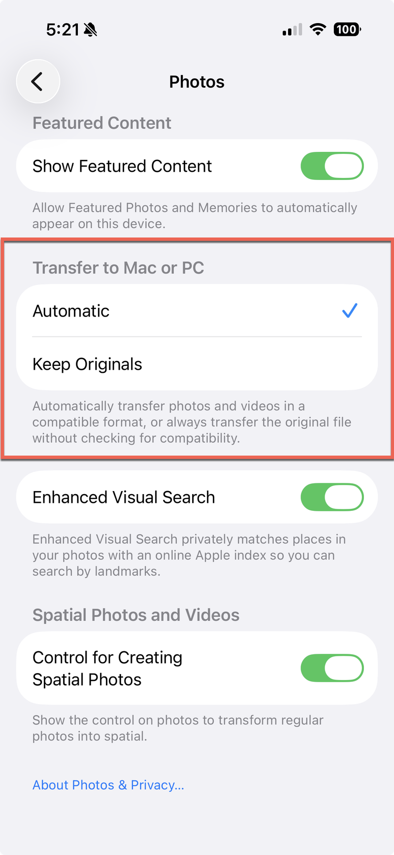 iPhone Photos settings showing Transfer to Mac or PC section with Automatic and Keep Originals options