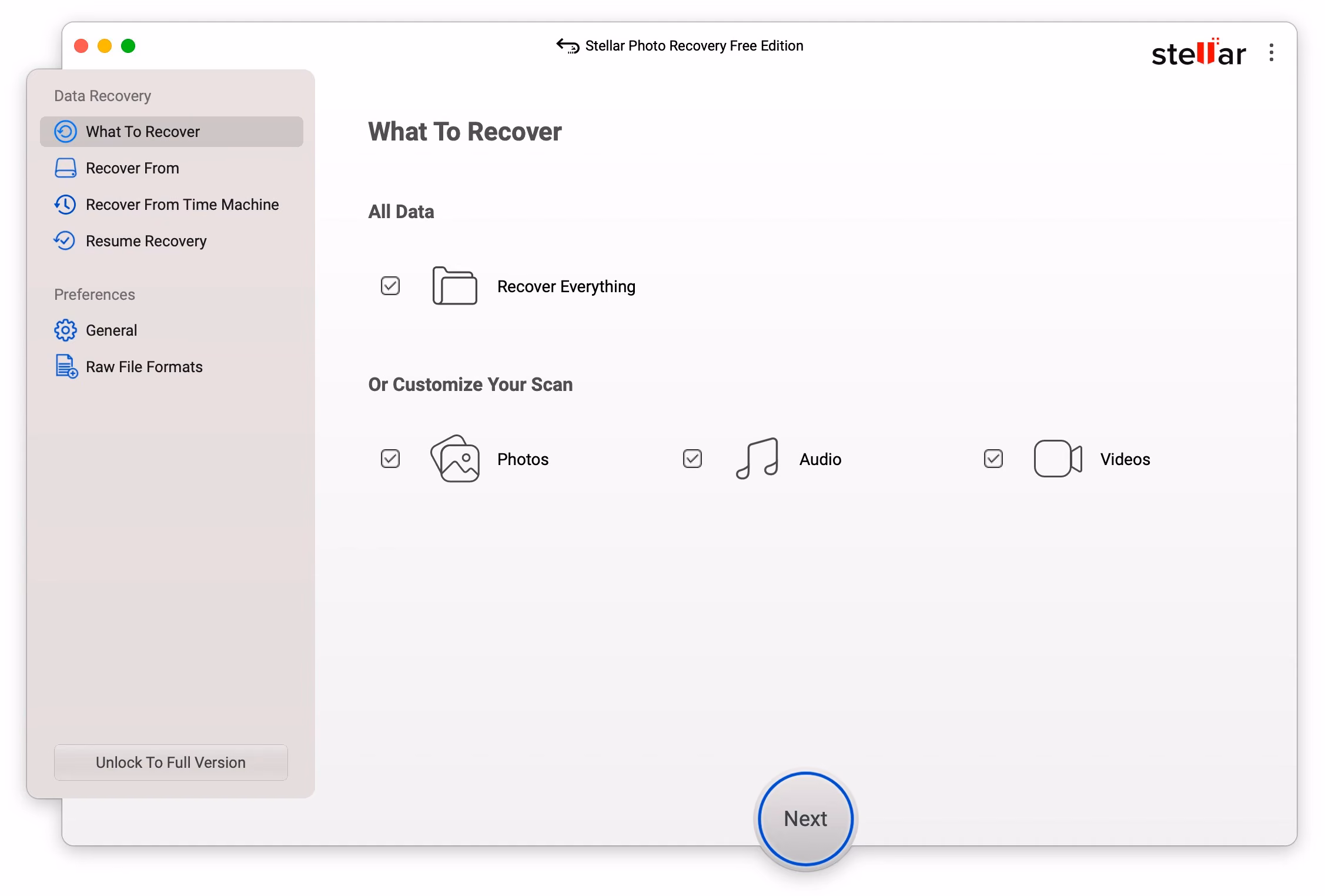 Stellar Photo Recovery's What To Recover screen with photos, audio, and video selected
