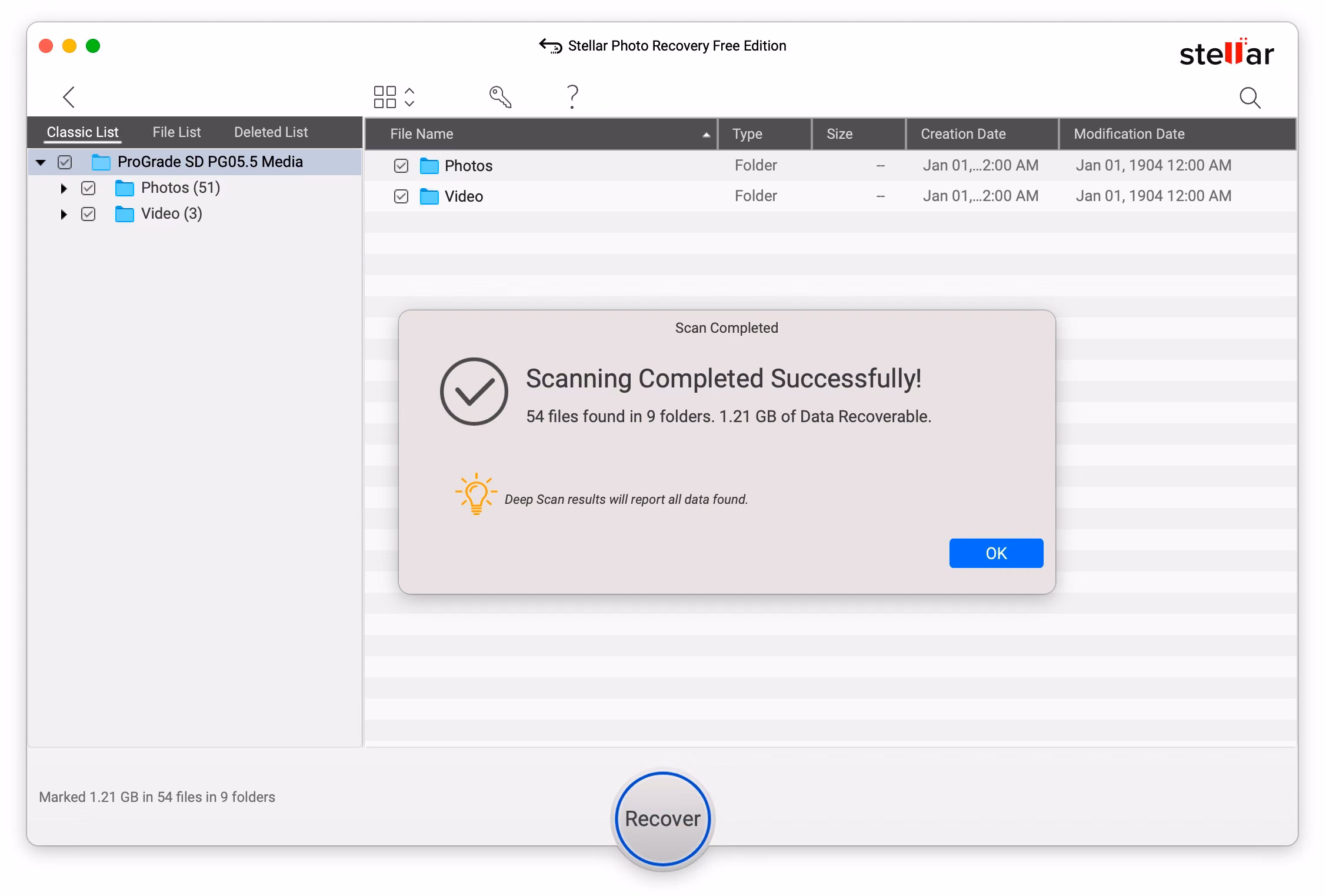 Stellar Photo Recovery scan complete dialog reporting 54 files found on a formatted SD card