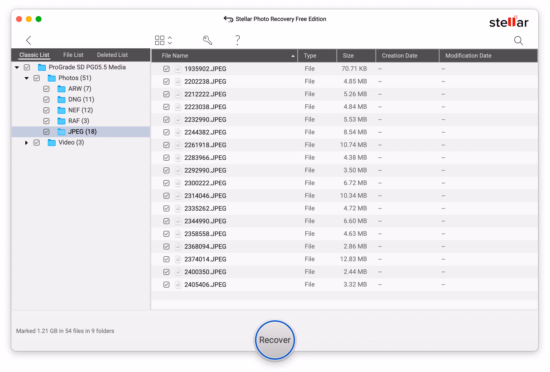 Recovered JPEG files listed with generated filenames after scanning a formatted SD card in Stellar Photo Recovery