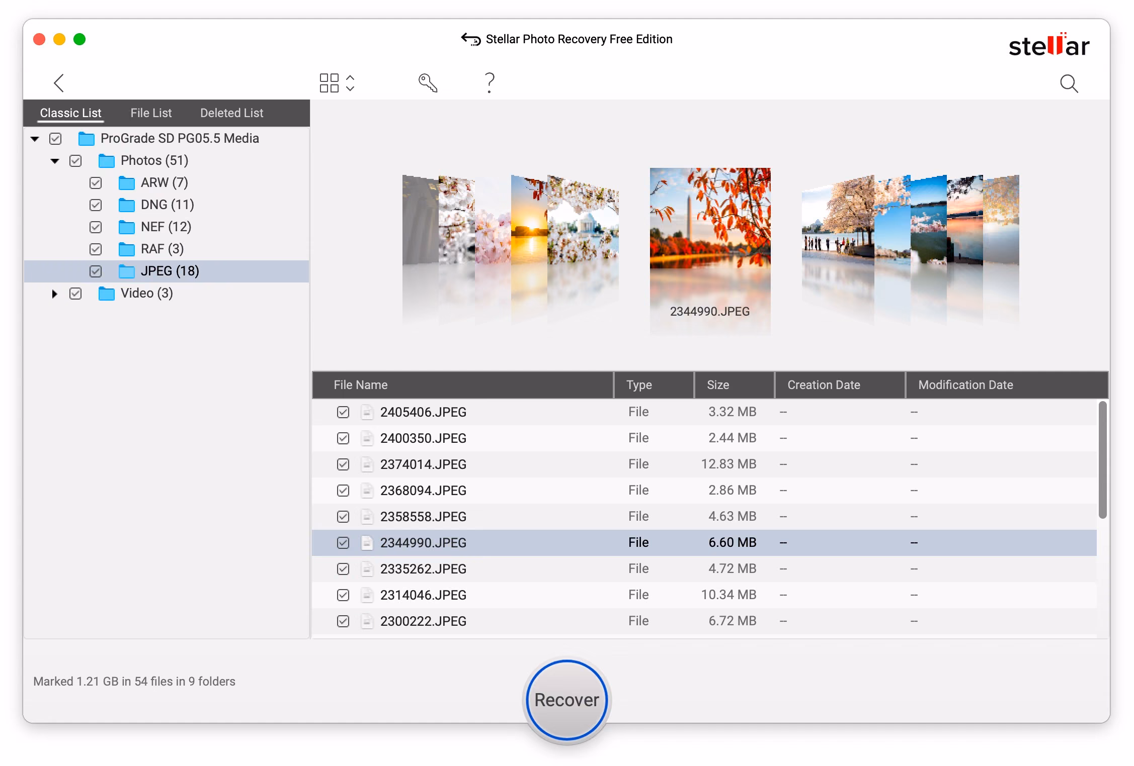JPEG previews rendering in Stellar Photo Recovery's coverflow view