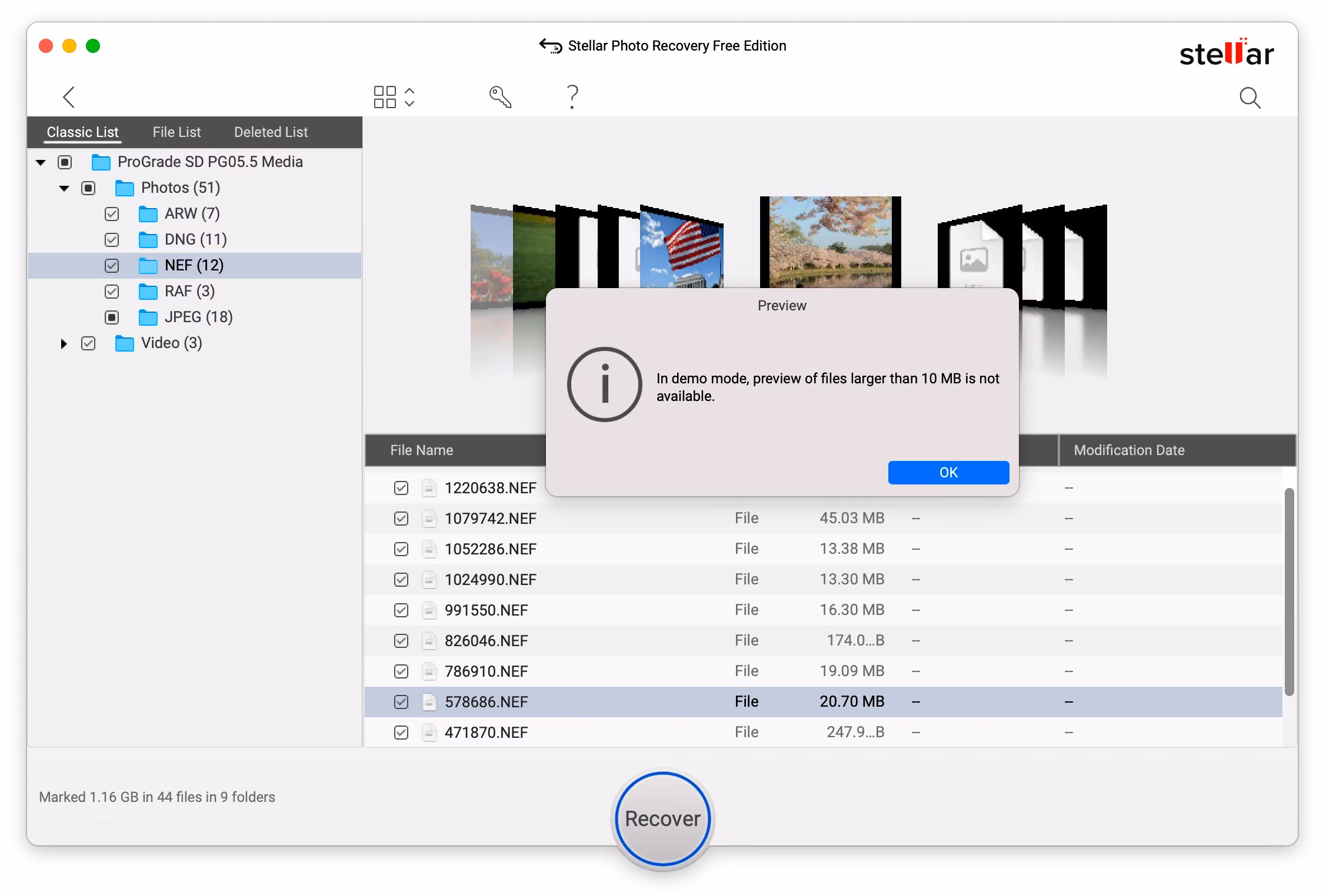 Stellar Photo Recovery free version dialog: preview of files larger than 10 MB is not available in demo mode