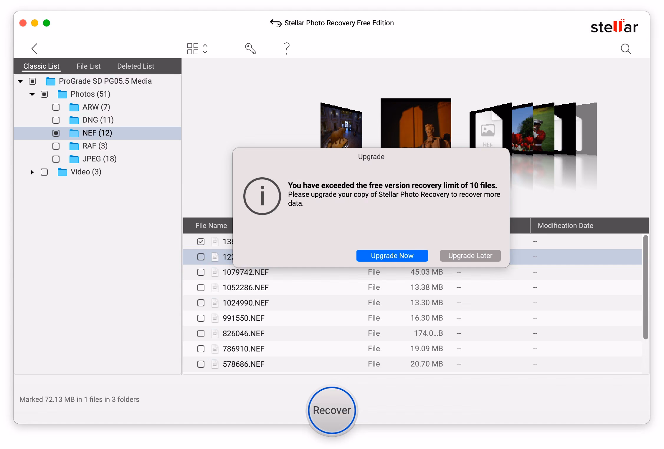 Stellar Photo Recovery upgrade dialog refusing recovery with a single file selected