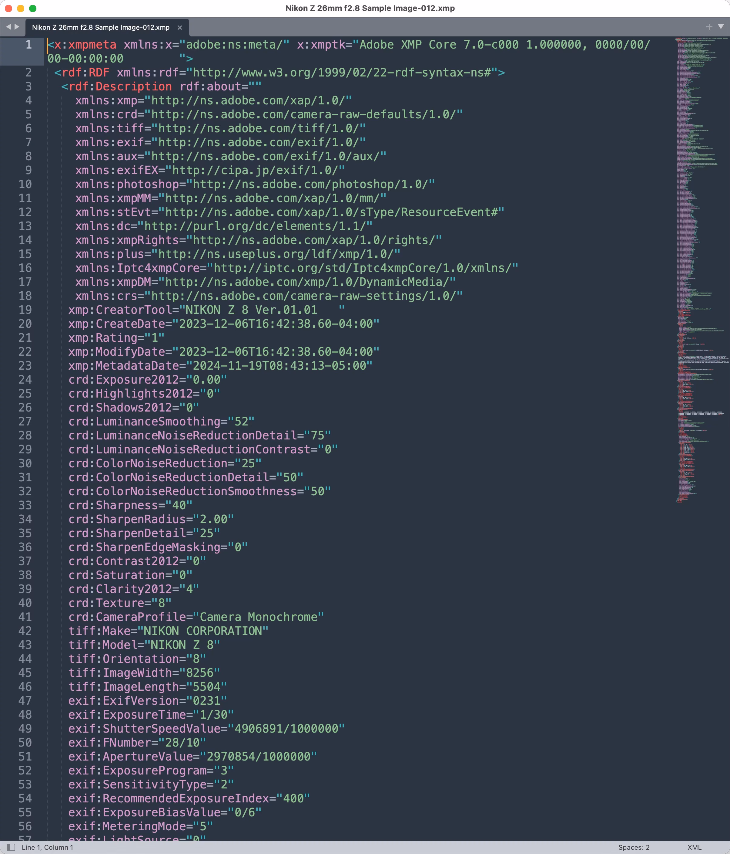 An XMP sidecar file for a Nikon Z8 RAW photo opened in a text editor, showing XML metadata fields for Lightroom develop settings, camera, and exposure