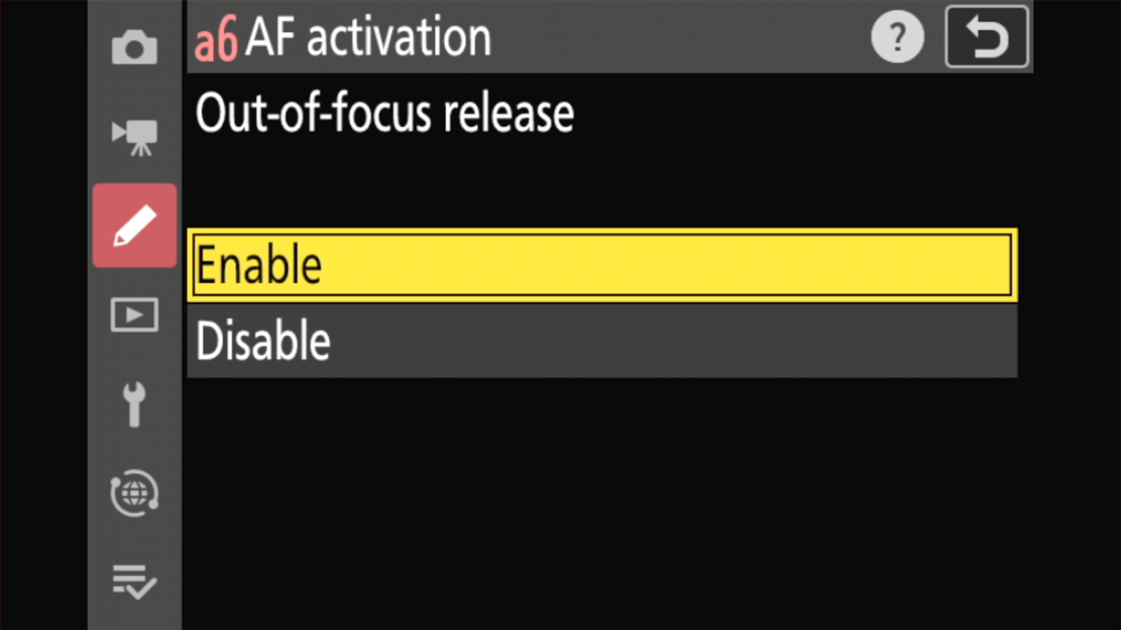 Nikon Z50 II menu screen a6 AF activation, Out-of-focus release with Enable highlighted in yellow above Disable