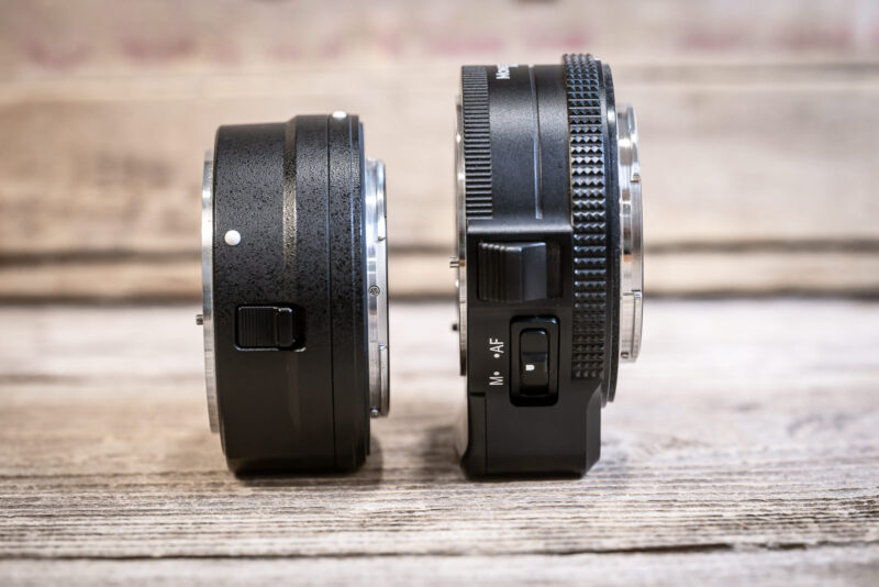 Side profile of the slim Nikon FTZ II next to the taller MonsterAdapter LA-FZ1 with its M/AF switch