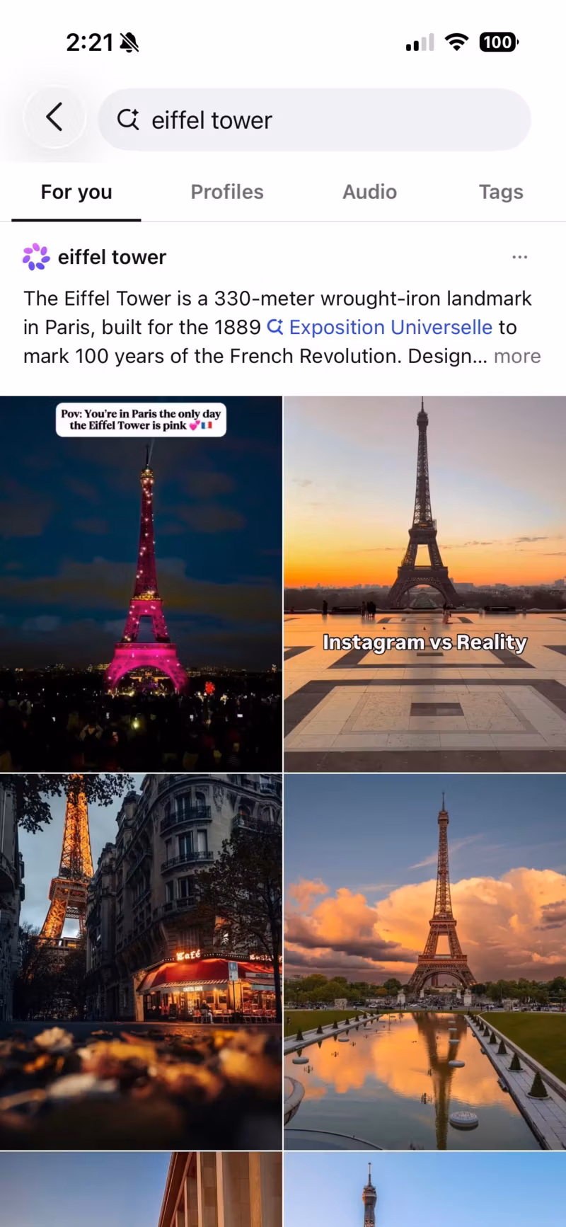 Instagram search results for a place name showing the For You tab and a Meta AI summary instead of a Places tab