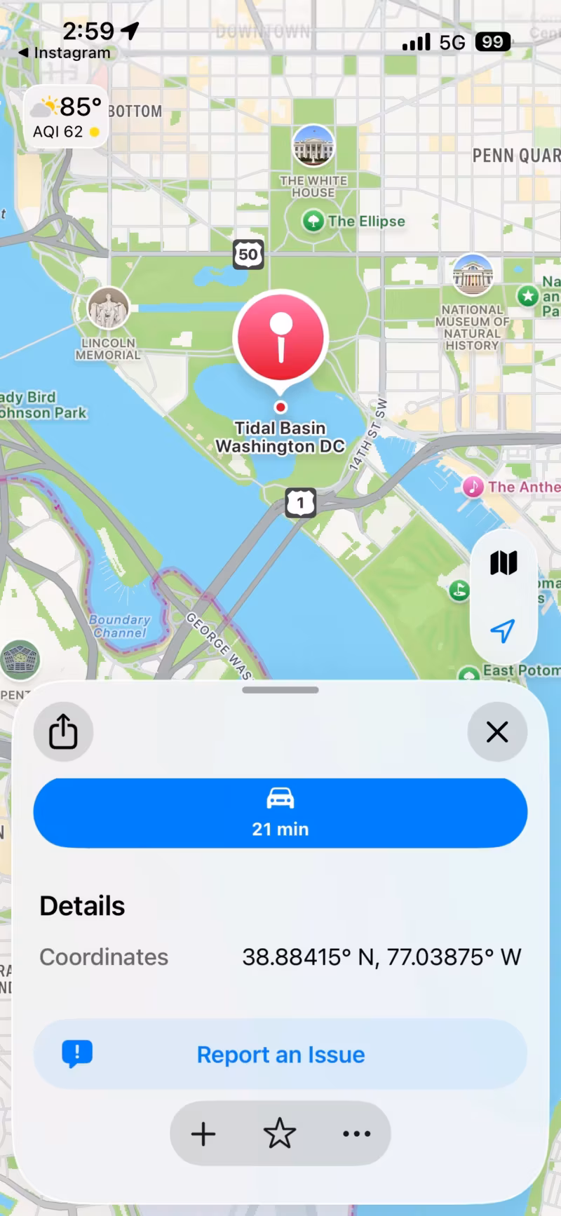 Apple Maps opened from Instagram View information, showing the location coordinates