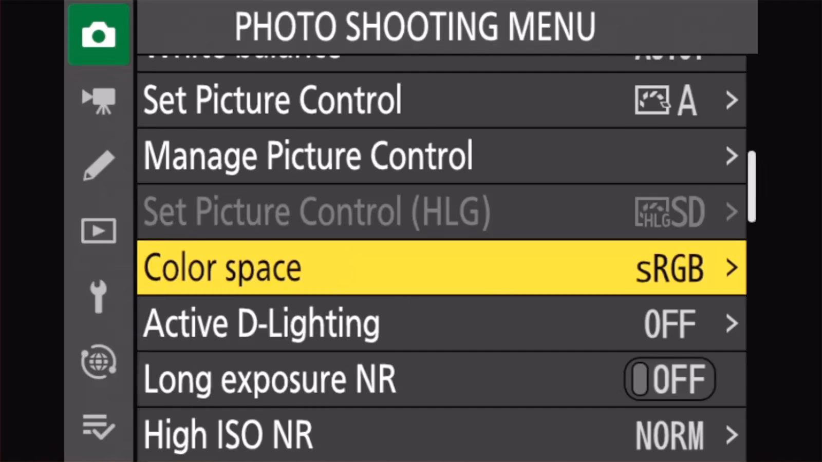Nikon Z50 II PHOTO SHOOTING MENU with Color space set to sRGB