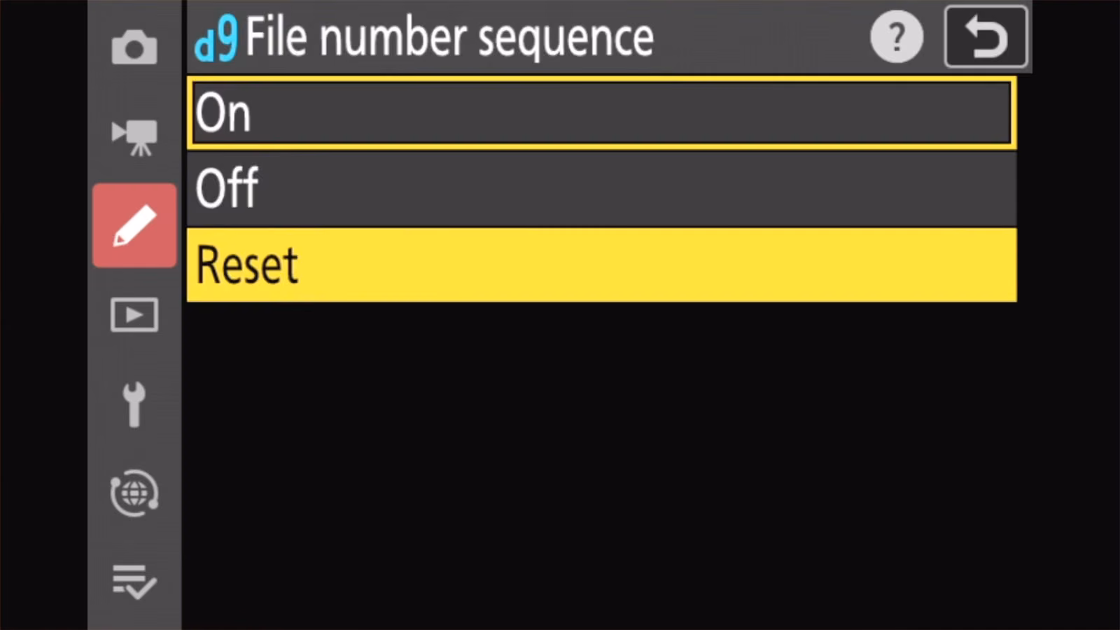 Nikon Z50 II d9 File number sequence options: On, Off and Reset, with Reset highlighted