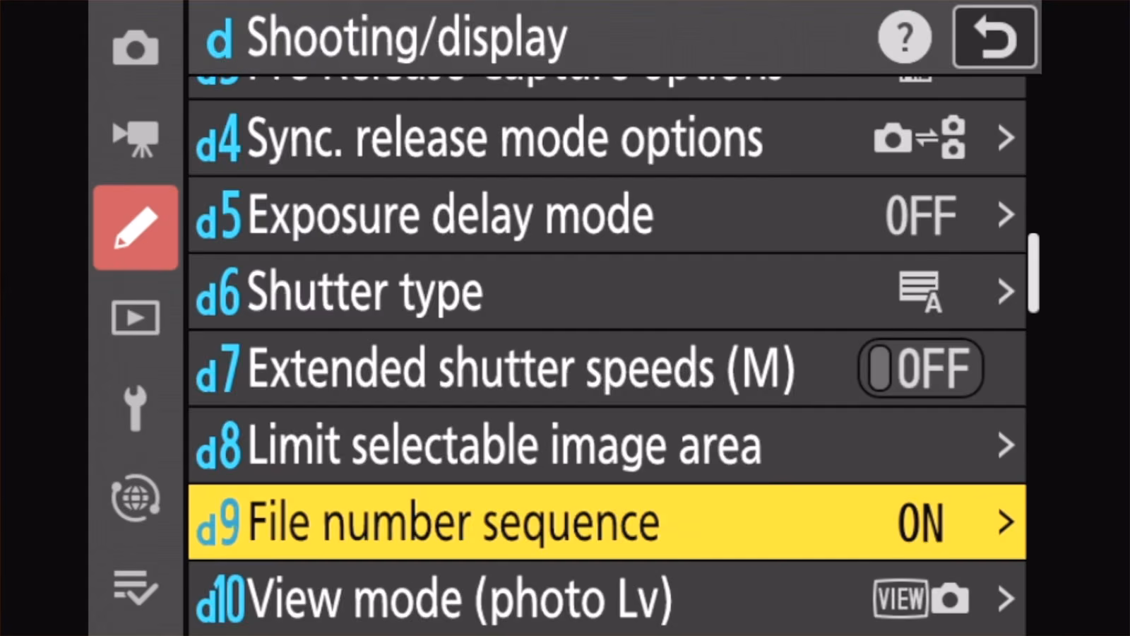 Nikon Z50 II d Shooting/display list with d9 File number sequence highlighted, set to ON