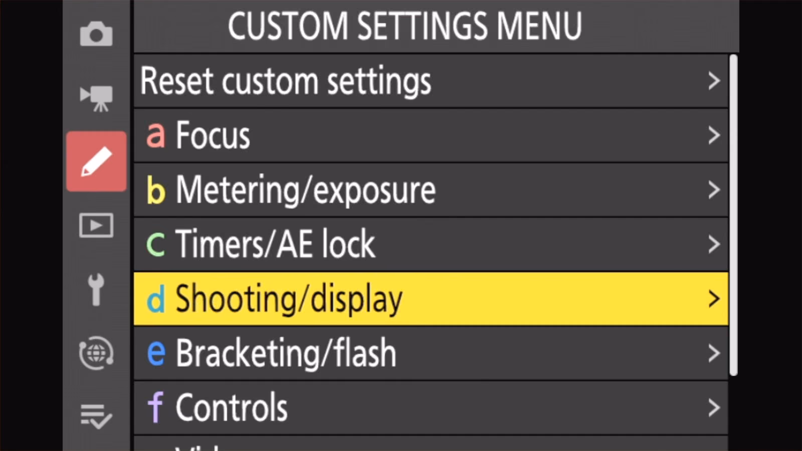 Nikon Z50 II CUSTOM SETTINGS MENU with d Shooting/display highlighted