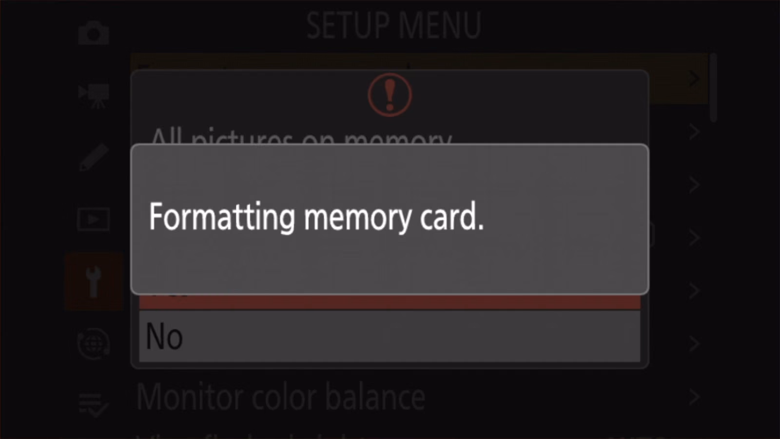 Nikon Z50 II screen showing the message Formatting memory card.