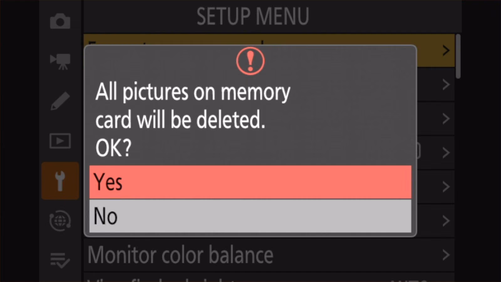 Nikon Z50 II confirmation: All pictures on memory card will be deleted. OK? with Yes and No