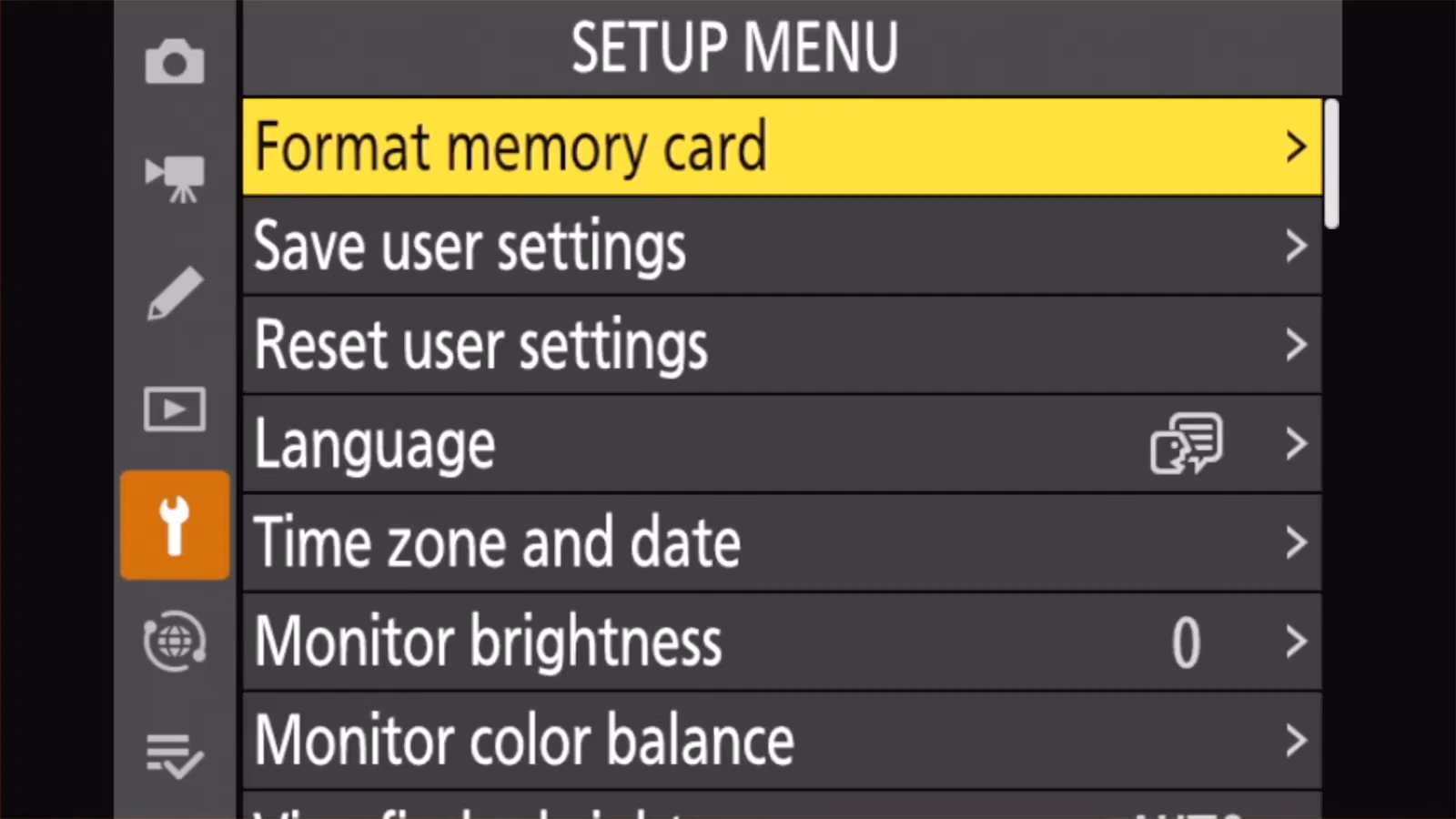 Nikon Z50 II SETUP MENU with Format memory card highlighted as the first item