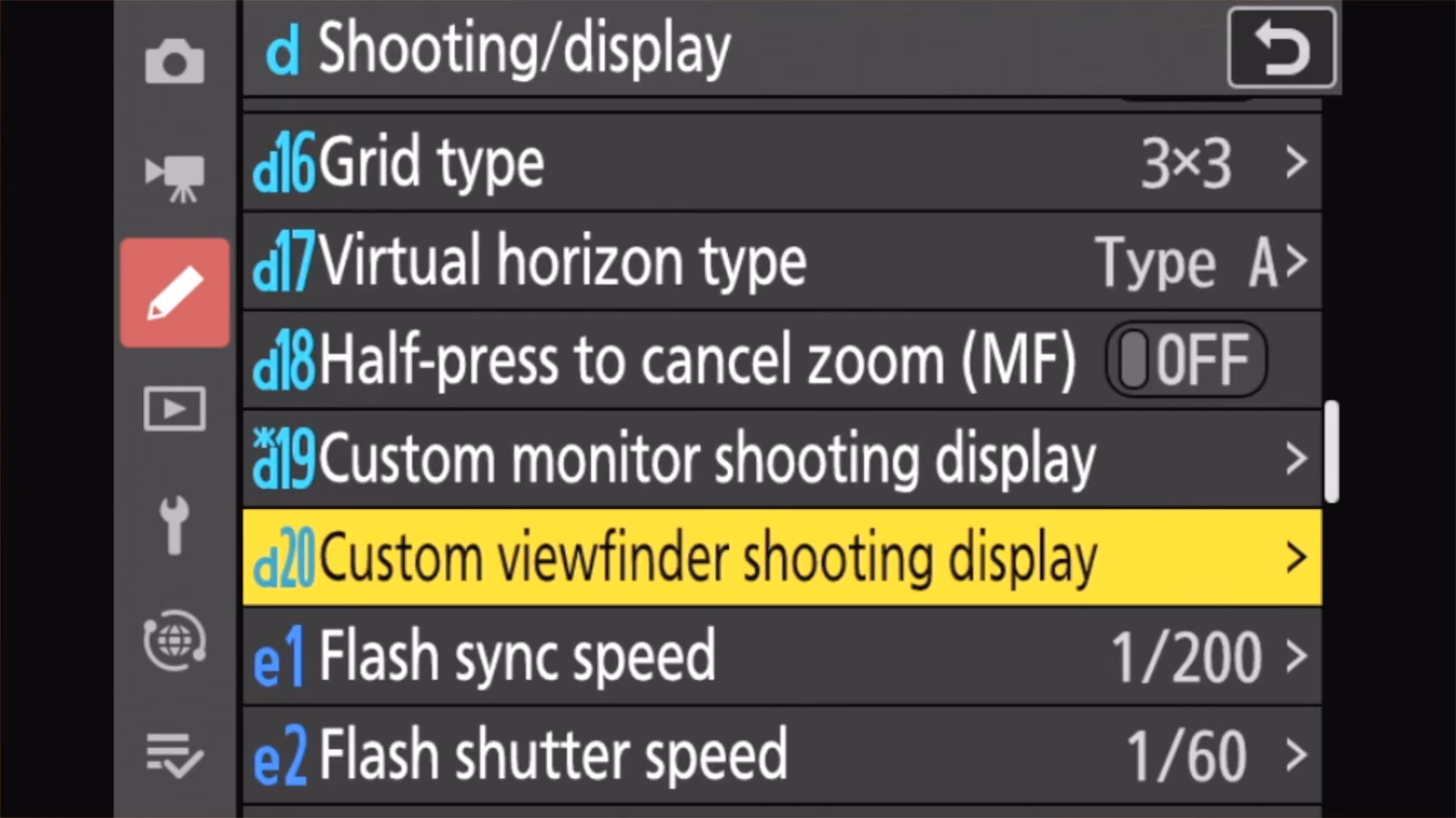 Nikon Z50 II Custom Setting d20 Custom viewfinder shooting display highlighted in the menu