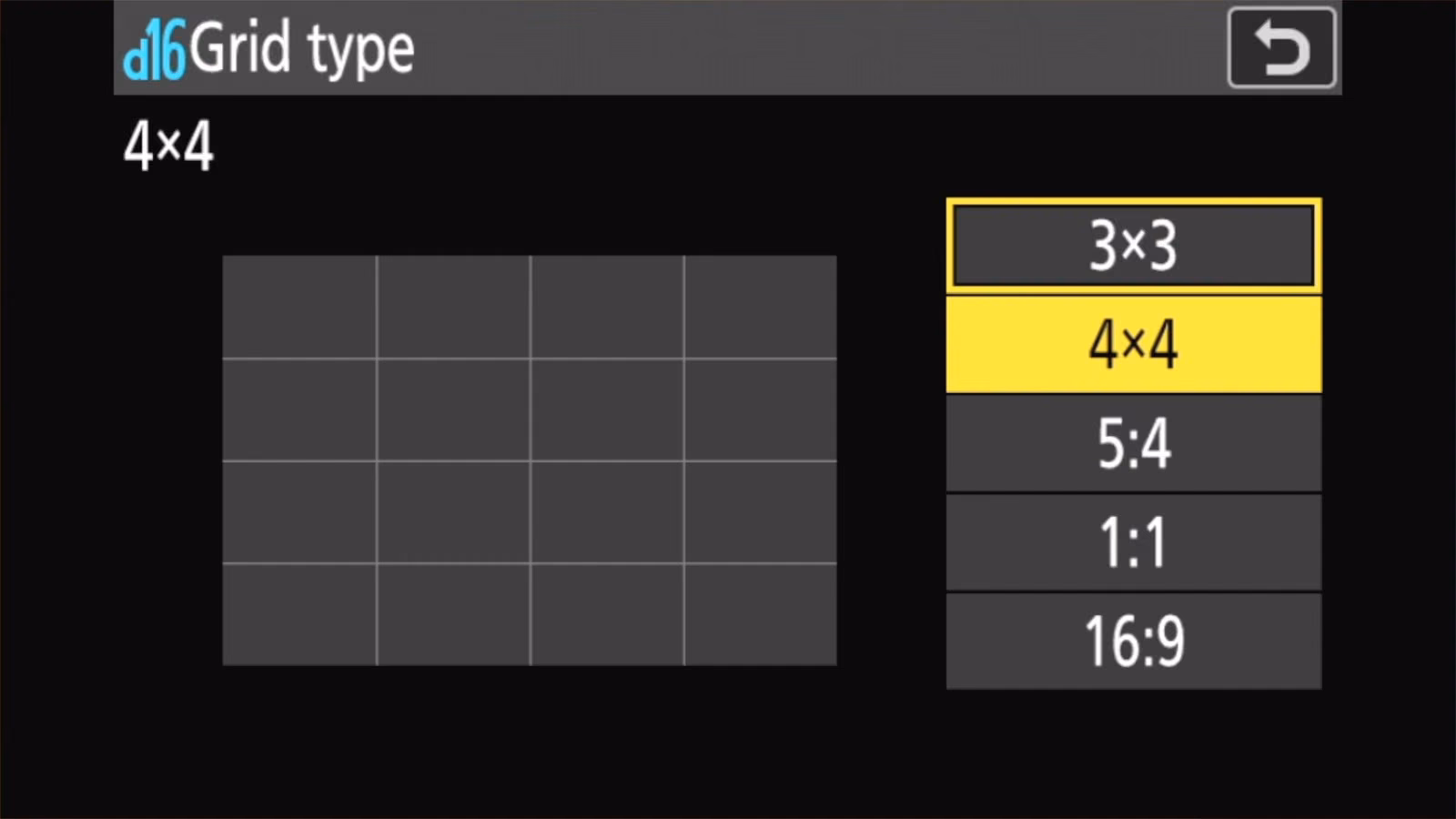 Nikon Z50 II d16 Grid type set to 4x4, showing a four-by-four grid preview