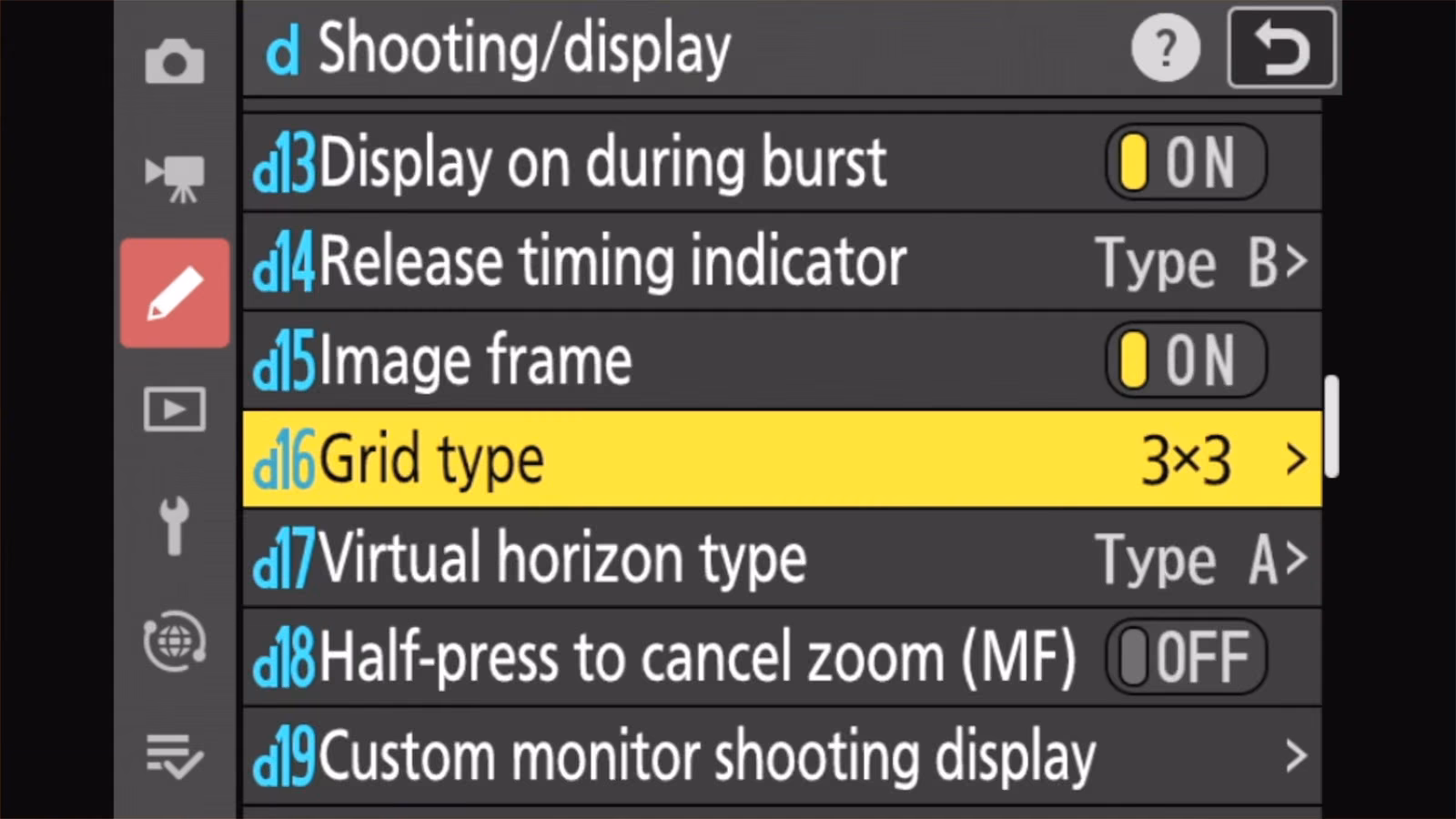 Nikon Z50 II Custom Setting d16 Grid type highlighted, set to 3x3