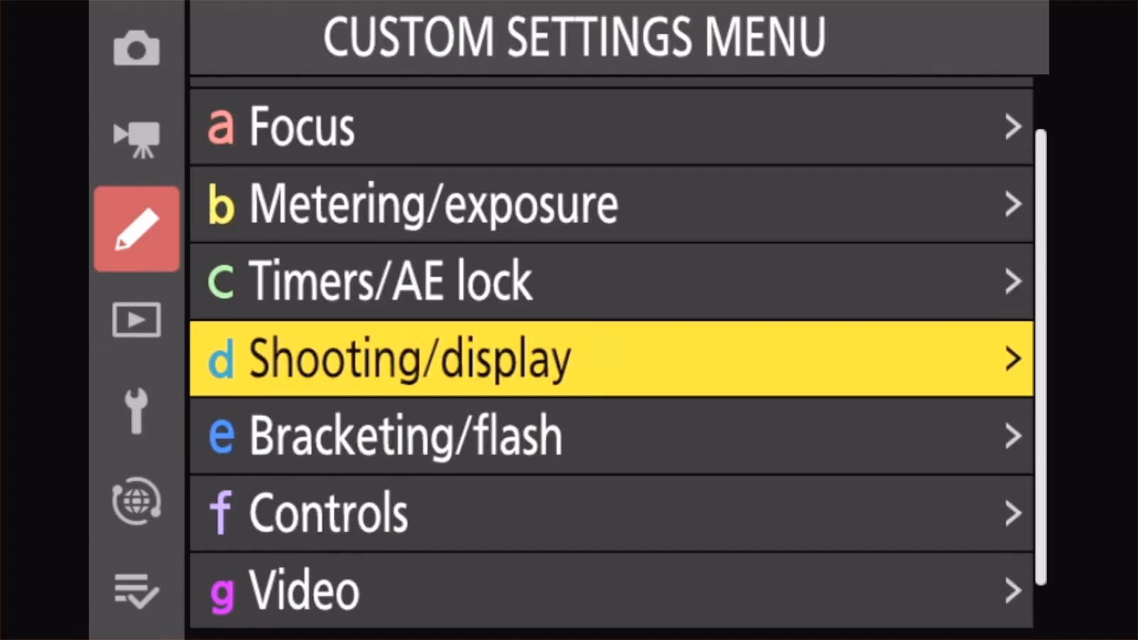 Nikon Z50 II CUSTOM SETTINGS MENU with the d Shooting/display group highlighted