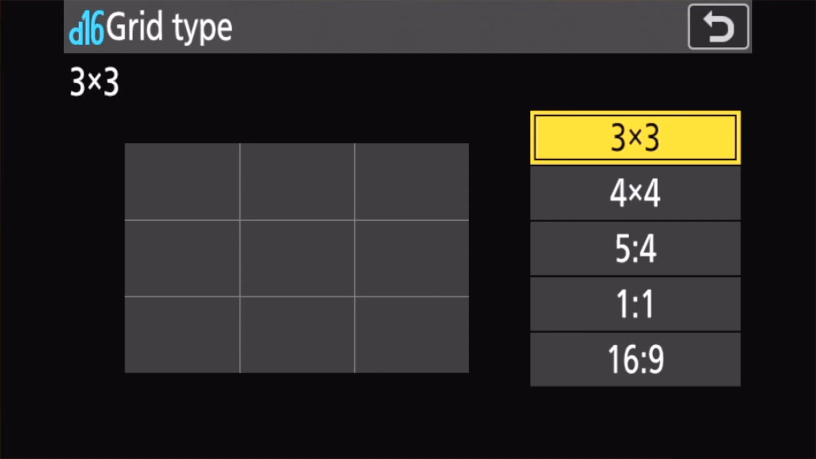 Nikon Z50 II d16 Grid type set to 3x3, showing a rule-of-thirds grid preview