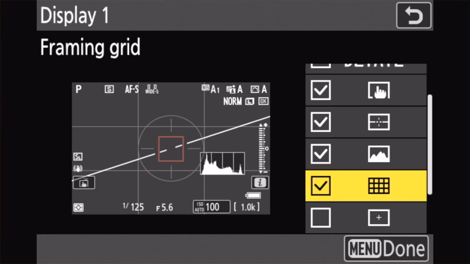 Nikon Z50 II Display 1 checklist with the Framing grid box ticked and a grid shown in the preview