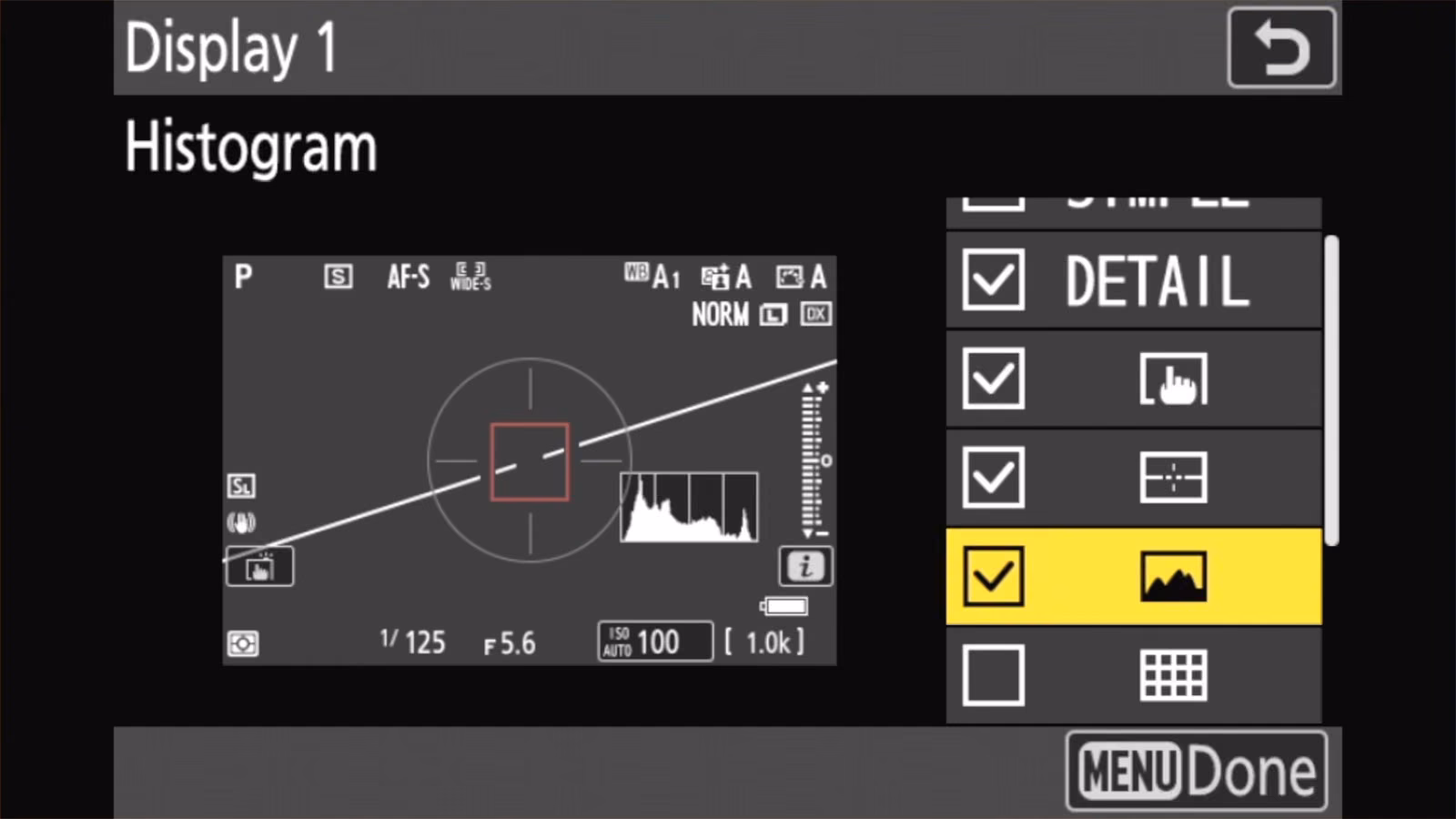 Nikon Z50 II Display 1 checklist with the Histogram box ticked and a histogram in the preview