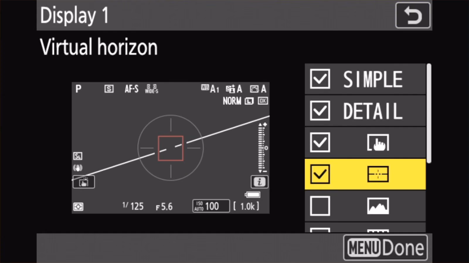 Nikon Z50 II Display 1 checklist with the Virtual horizon box ticked and the level shown in the preview