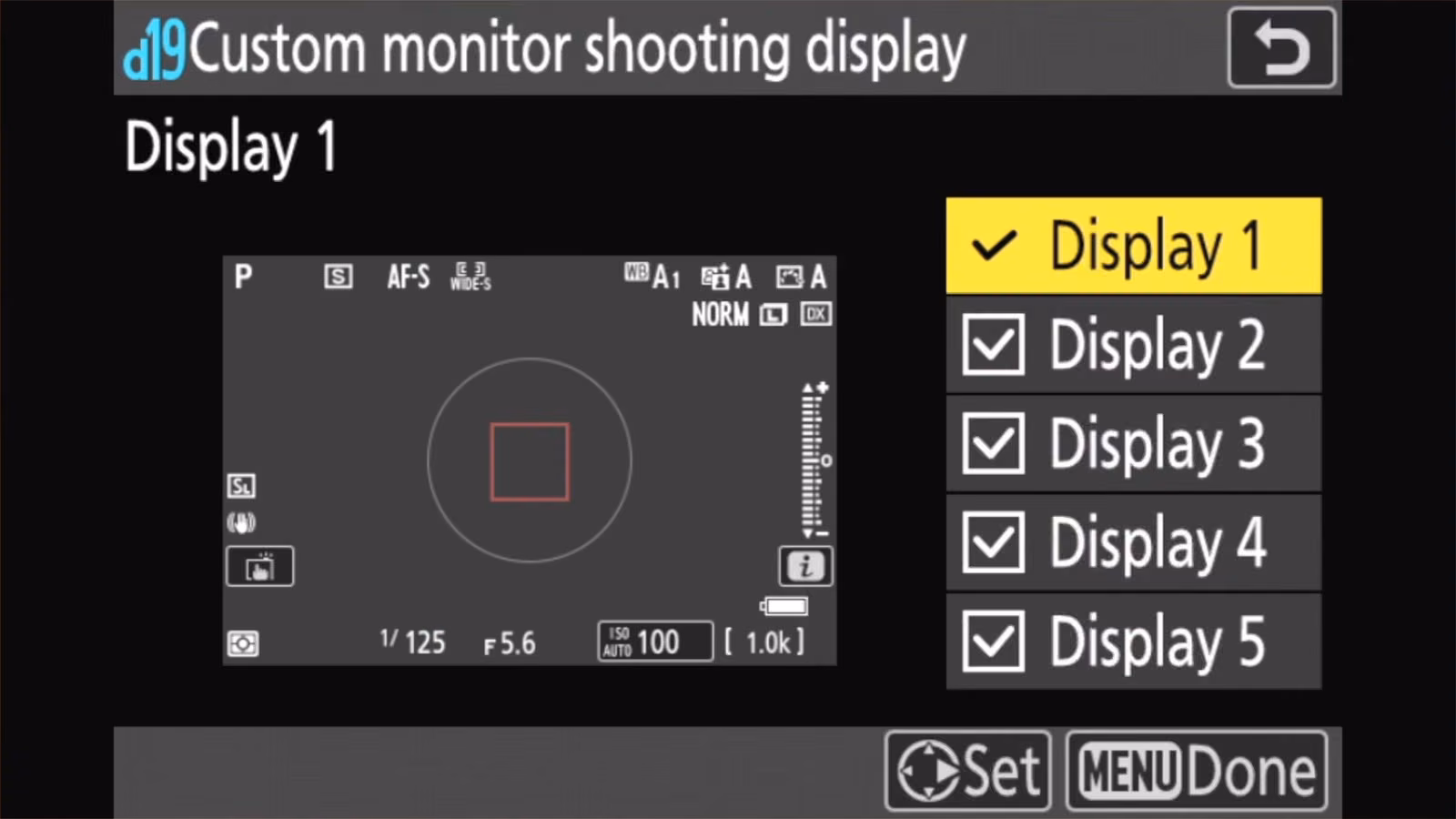 Nikon Z50 II d19 display list showing Display 1 through Display 5