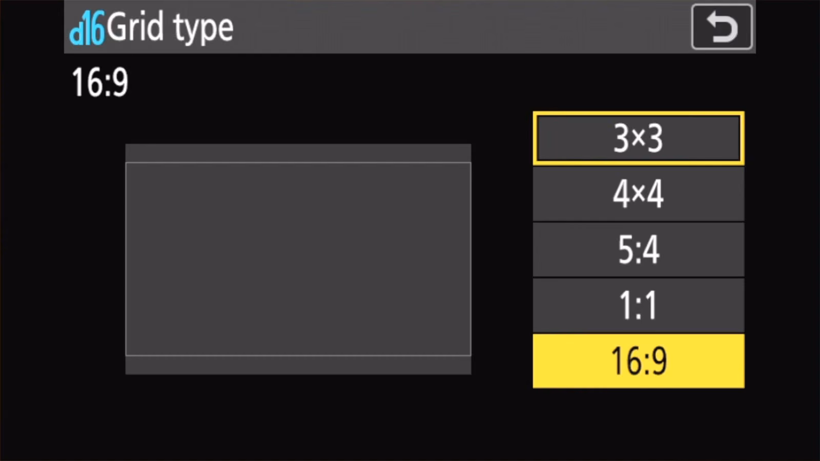 Nikon Z50 II d16 Grid type set to 16:9, showing the widescreen crop guide preview