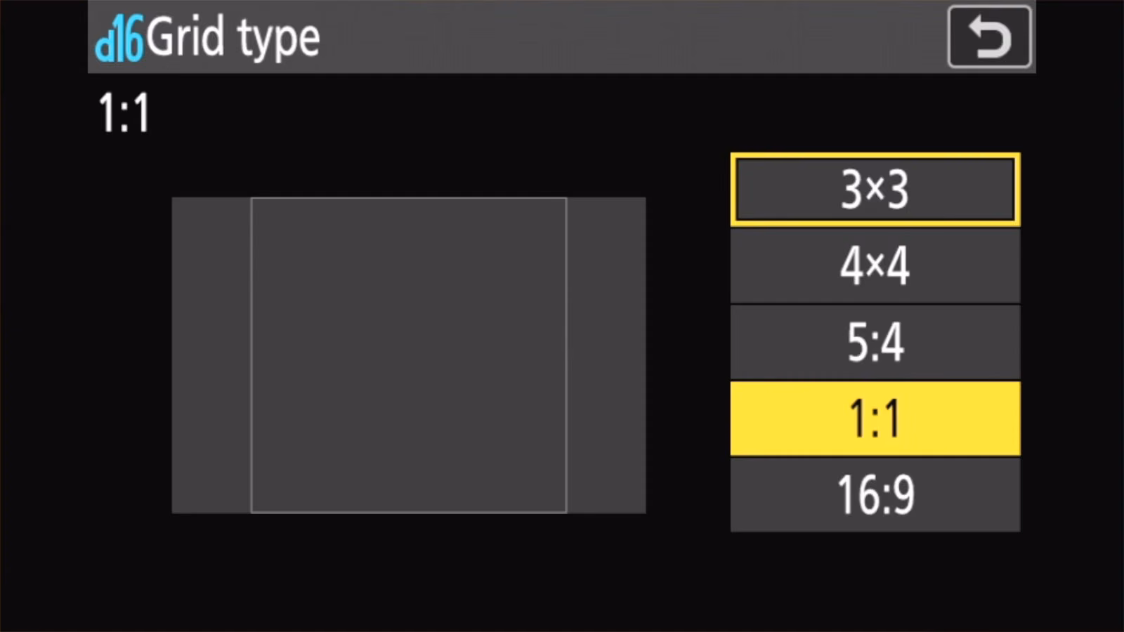 Nikon Z50 II d16 Grid type set to 1:1, showing the square crop guide preview