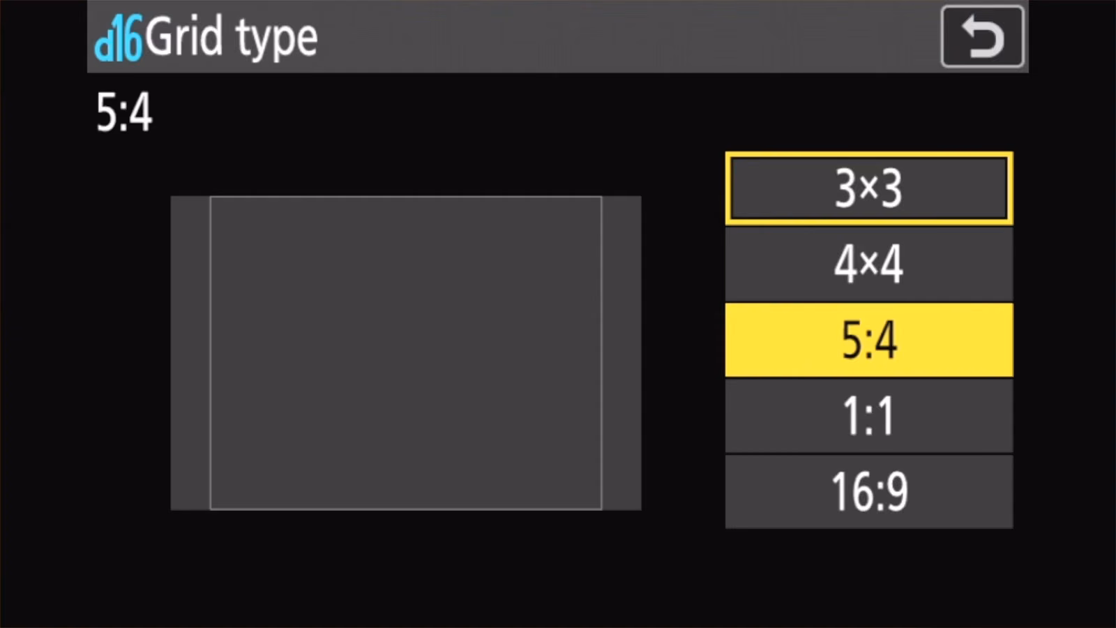 Nikon Z50 II d16 Grid type set to 5:4, showing the 5:4 crop guide preview