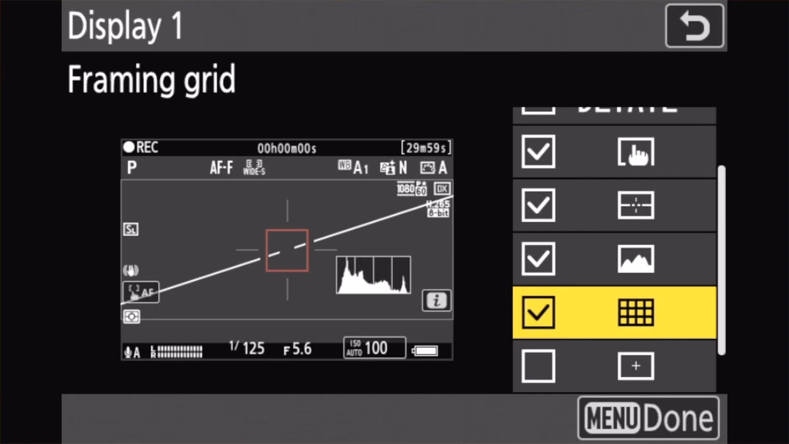 Nikon Z50 II video Display 1 checklist with the Framing grid box ticked and a grid over the REC preview