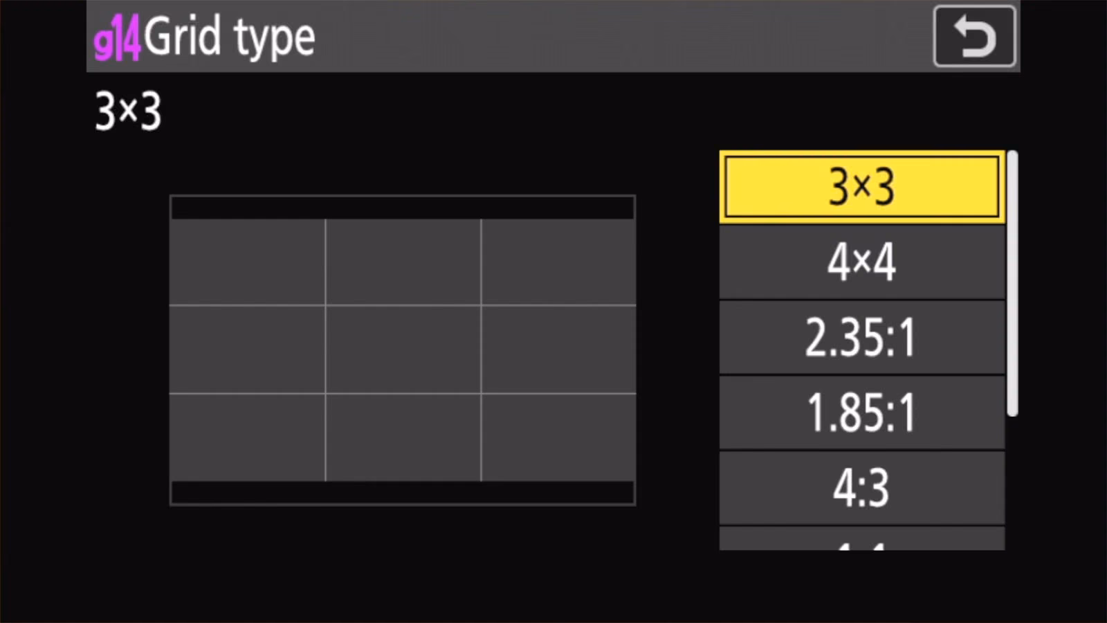 Nikon Z50 II g14 Grid type set to 3x3 with a rule-of-thirds grid preview in a 16:9 frame