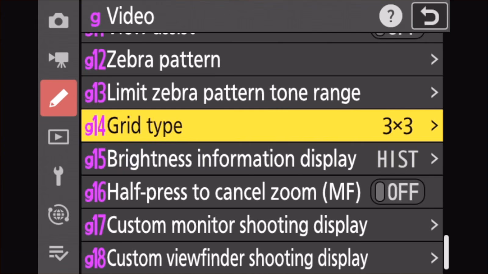 Nikon Z50 II Custom Setting g14 Grid type highlighted in the video menu, set to 3x3