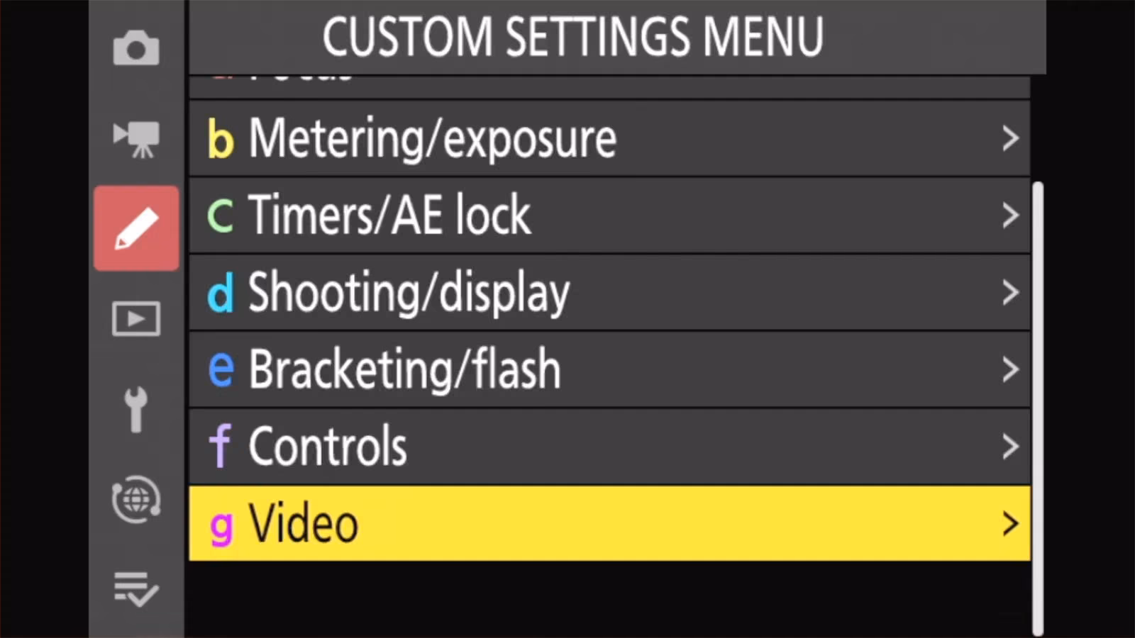 Nikon Z50 II CUSTOM SETTINGS MENU with the g Video group highlighted