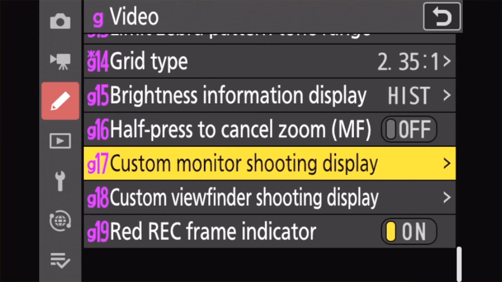 Nikon Z50 II Custom Setting g17 Custom monitor shooting display highlighted in the video menu