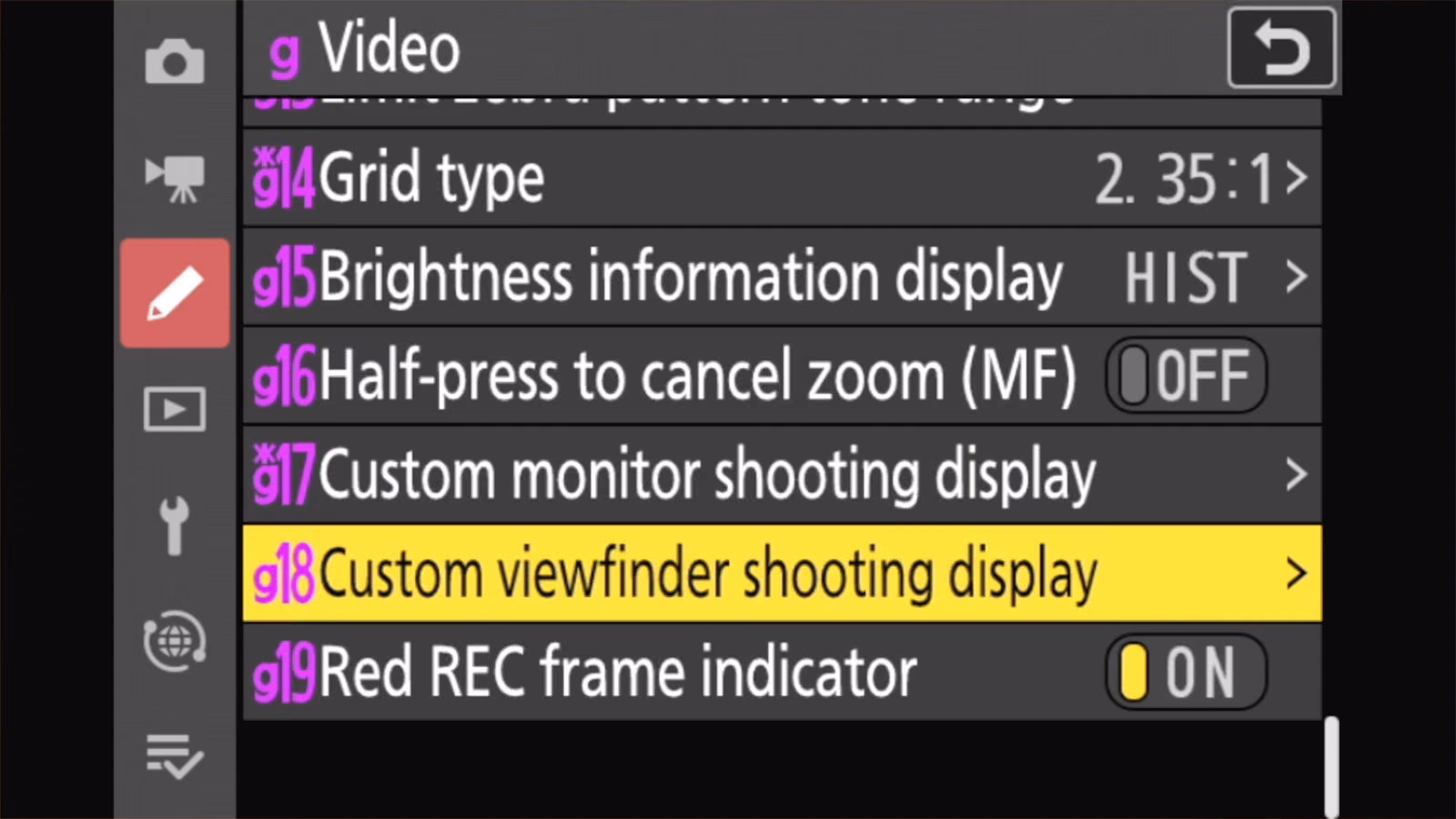 Nikon Z50 II Custom Setting g18 Custom viewfinder shooting display highlighted in the video menu