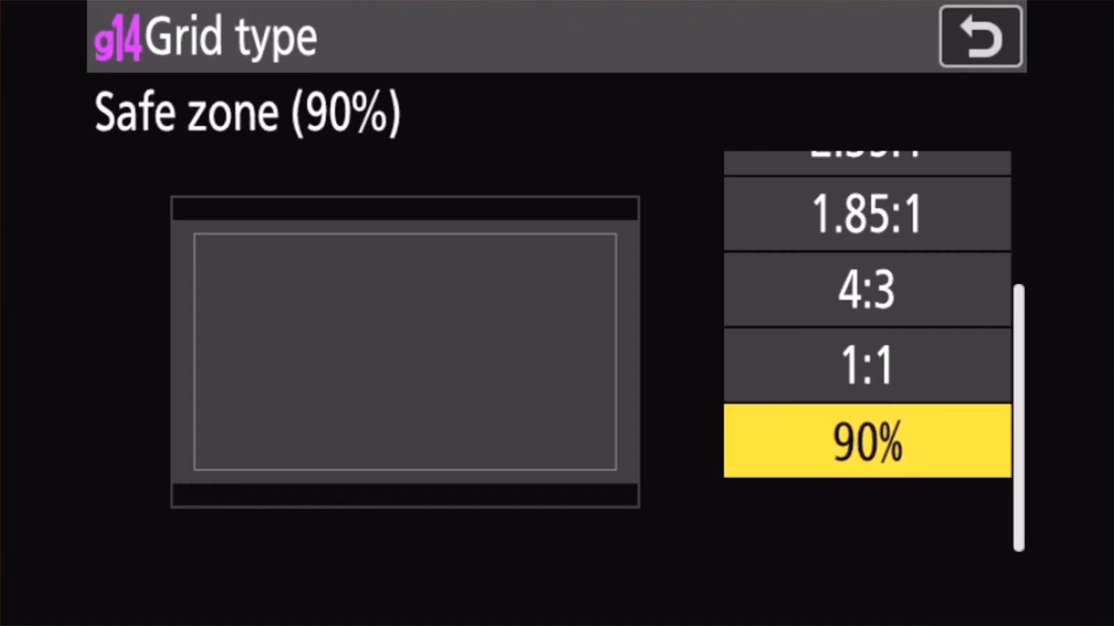 Nikon Z50 II g14 Grid type set to Safe zone 90% showing the safe-zone guide