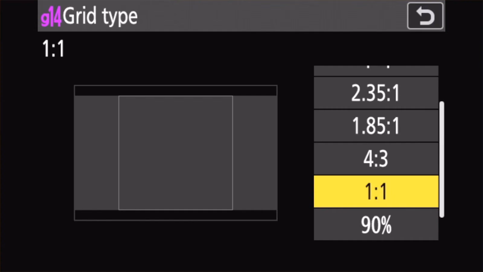 Nikon Z50 II g14 Grid type set to 1:1 showing the square crop guide