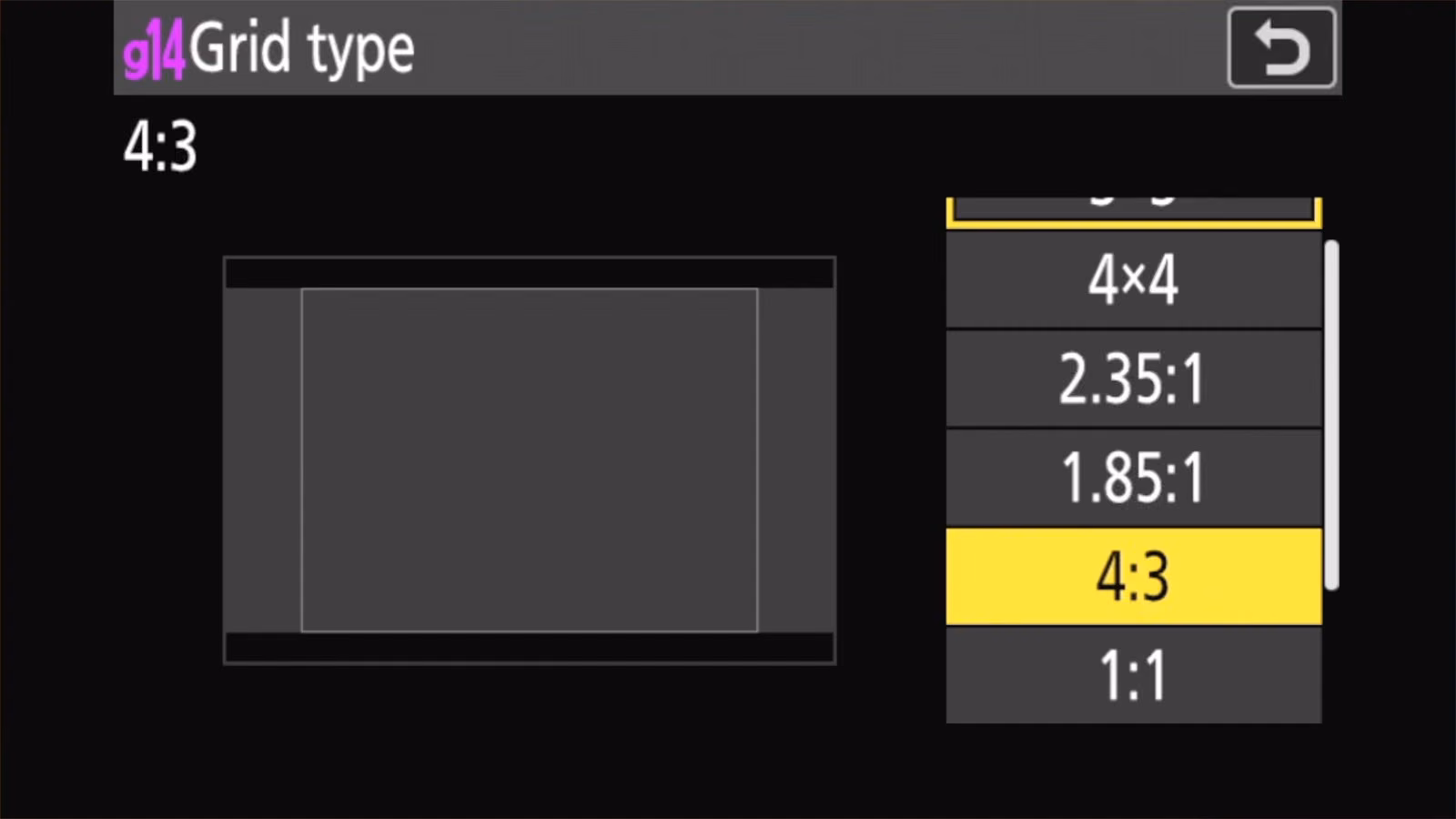 Nikon Z50 II g14 Grid type set to 4:3 showing the 4:3 crop guide