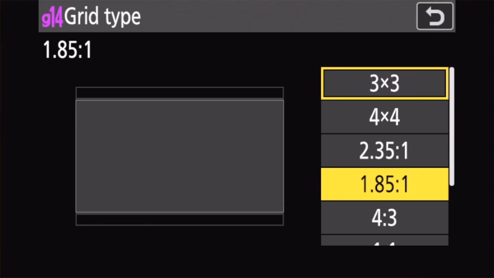 Nikon Z50 II g14 Grid type set to 1.85:1 showing the cinema crop guide