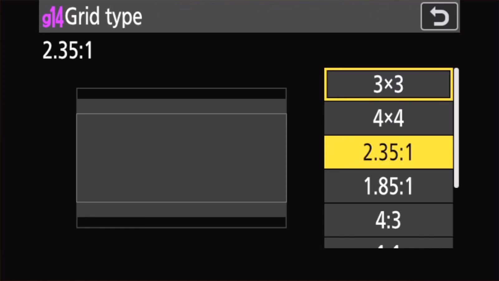 Nikon Z50 II g14 Grid type set to 2.35:1 showing the cinemascope crop guide