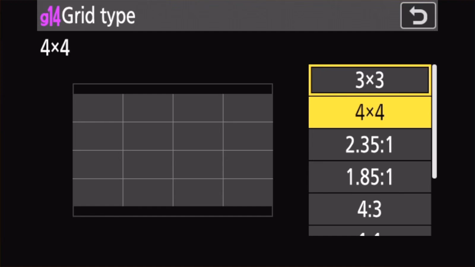 Nikon Z50 II g14 Grid type set to 4x4 with a four-by-four grid preview