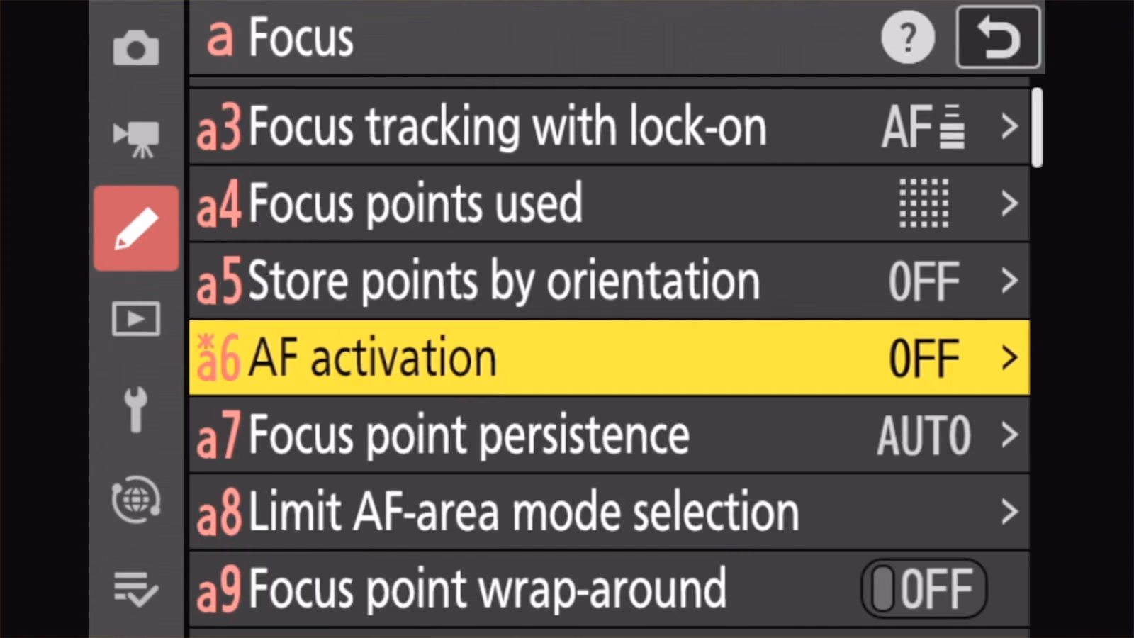 Nikon Z50 II a Focus menu with a6 AF activation now set to OFF