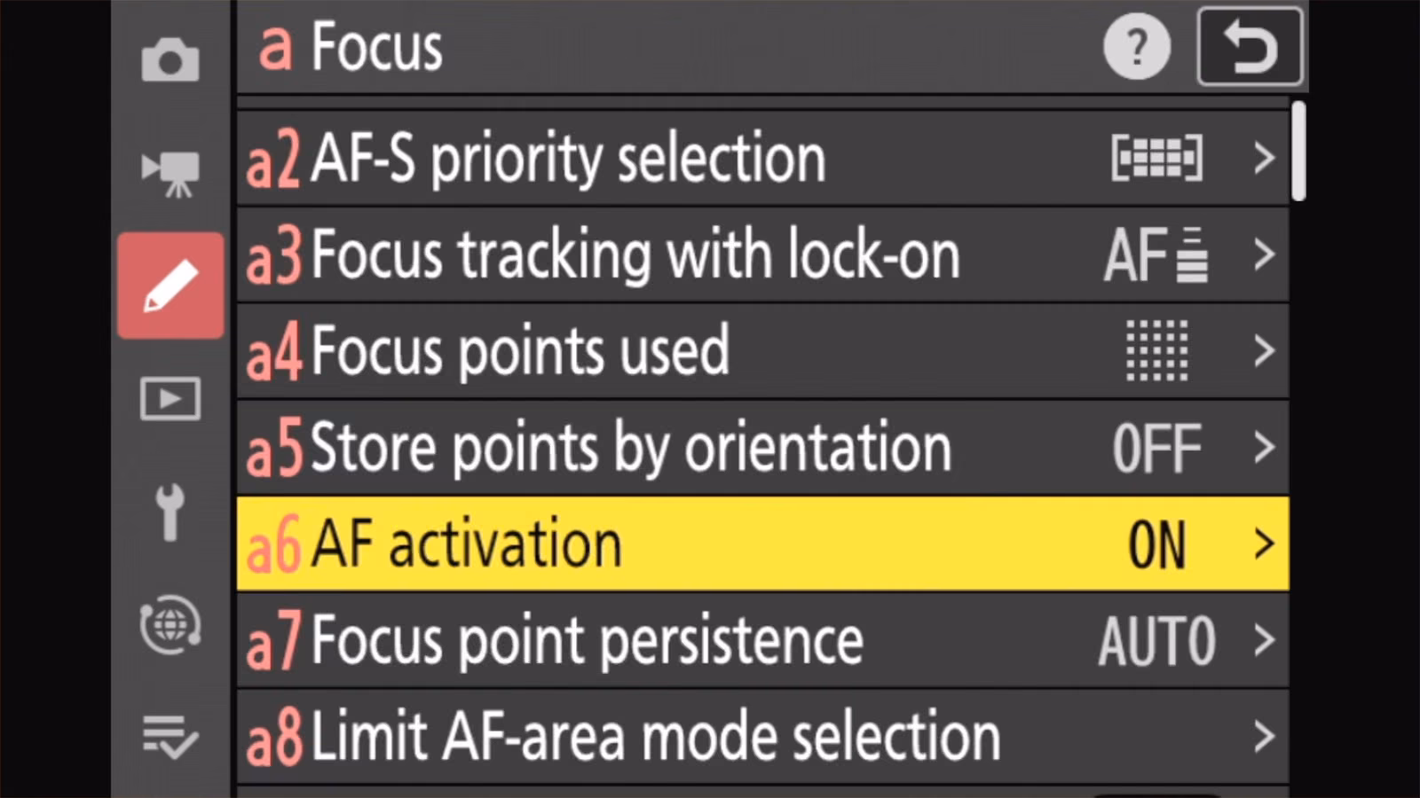 Nikon Z50 II a Focus menu with a6 AF activation set to ON